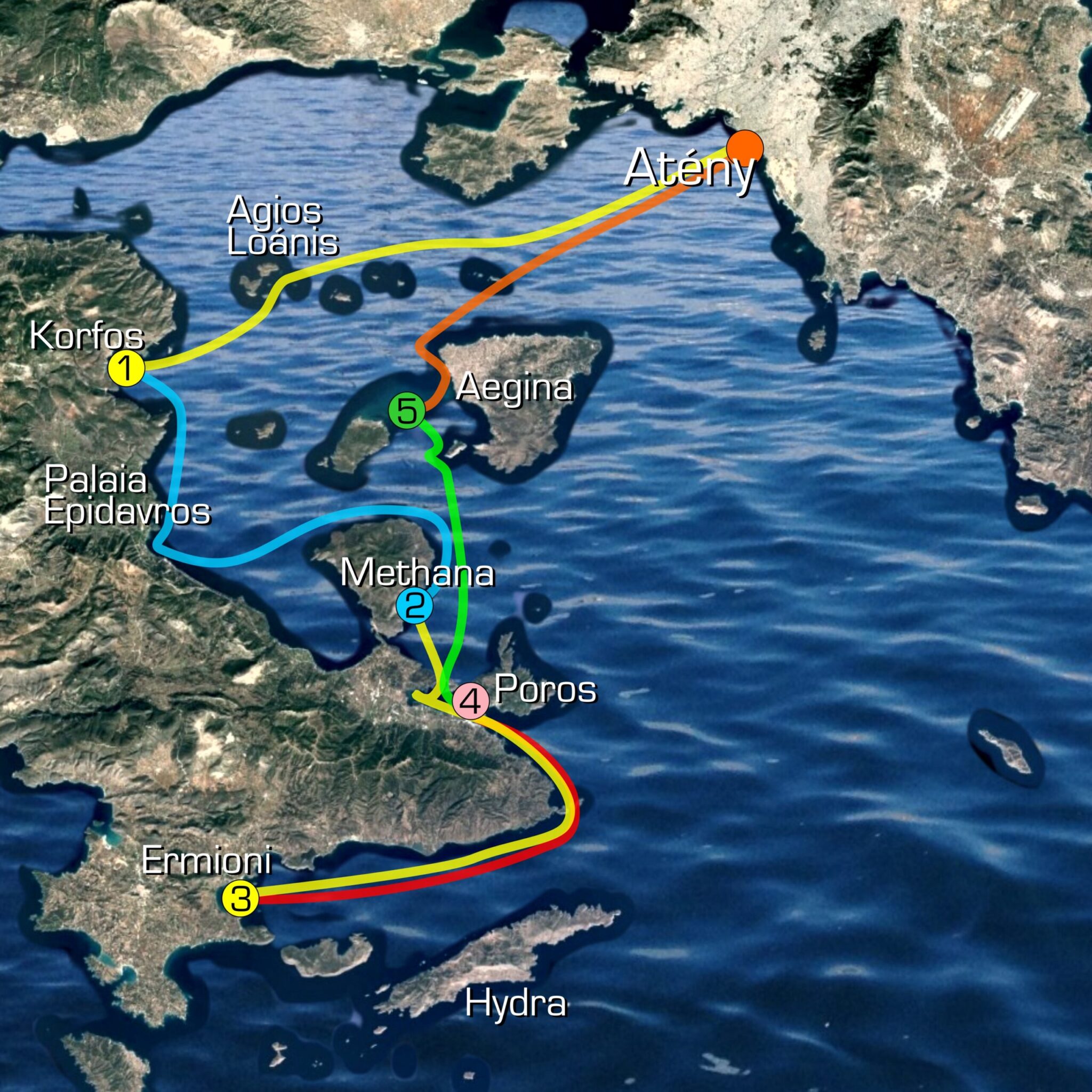 Mapa trasy Saronským zálivom: Atény → Korfos (1) → Methana (2) → Ermioni (3) → Poros (4) → Metópi (5) → Aegina → Atény